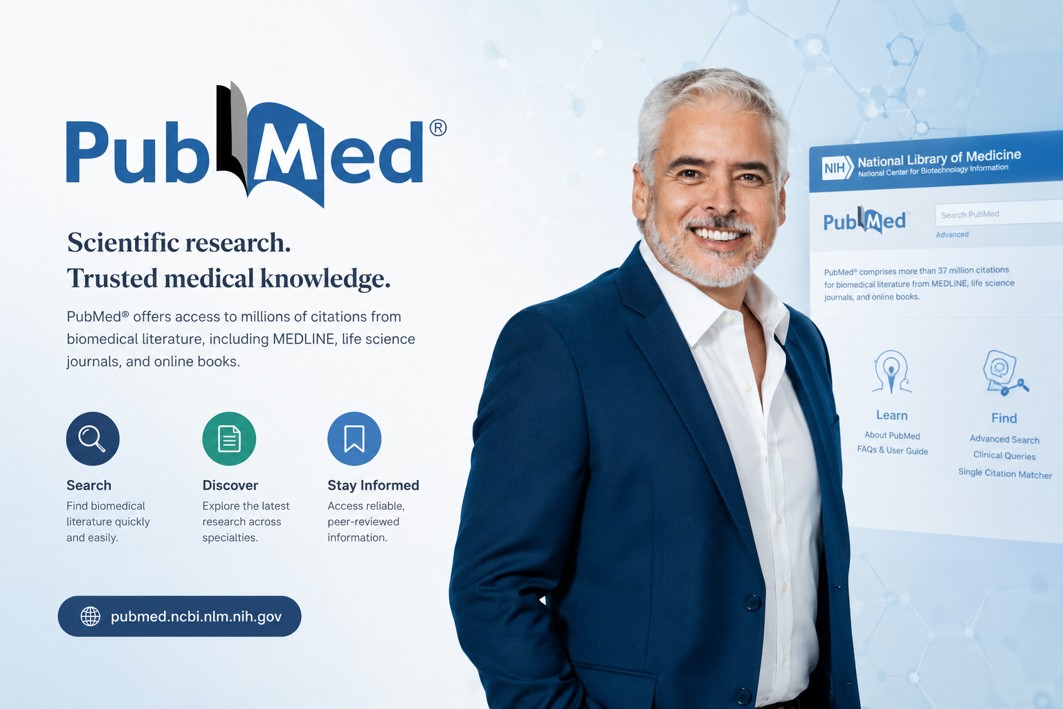 Dr. Ariel Ortiz alongside the PubMed® interface — scientific research and trusted medical knowledge.