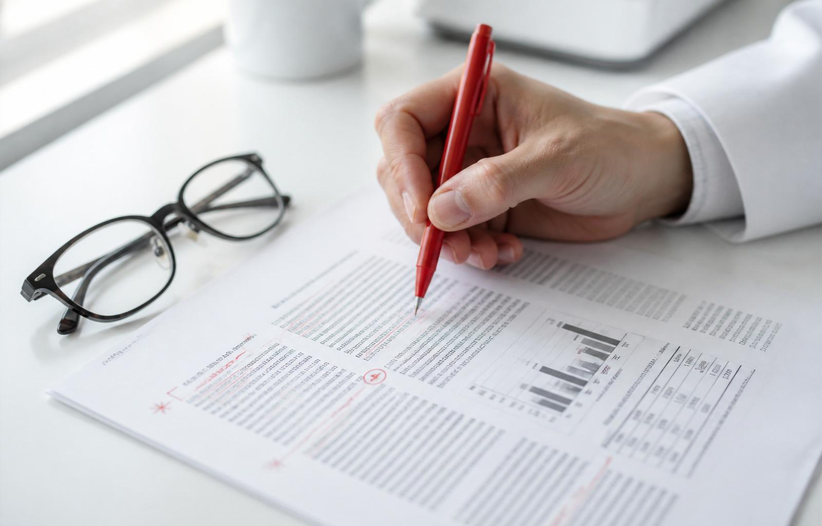 Close-up of a hand annotating a printed clinical research paper with a red pen.