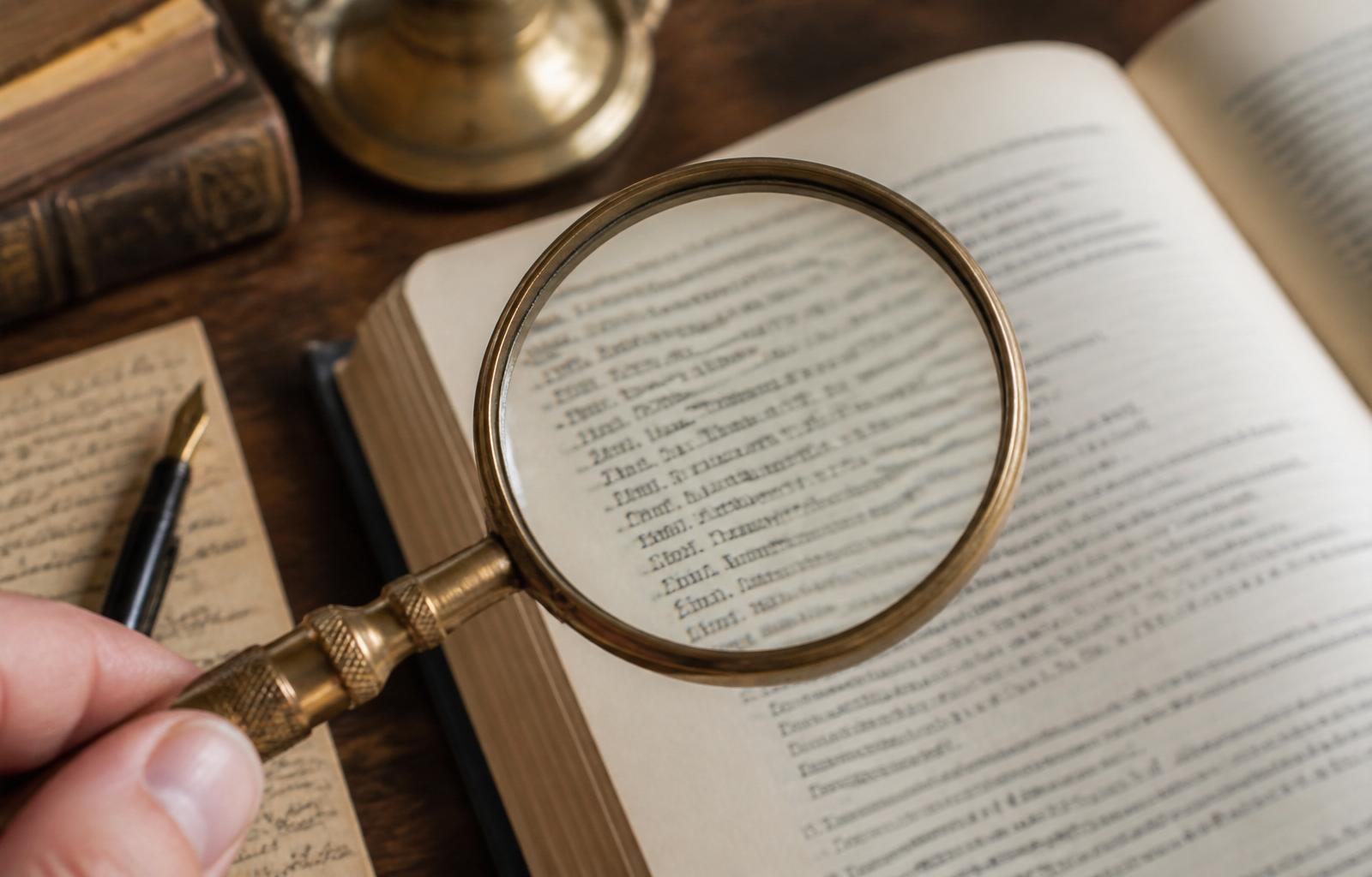 Vintage brass magnifying glass over an open bibliography page — verifying references.